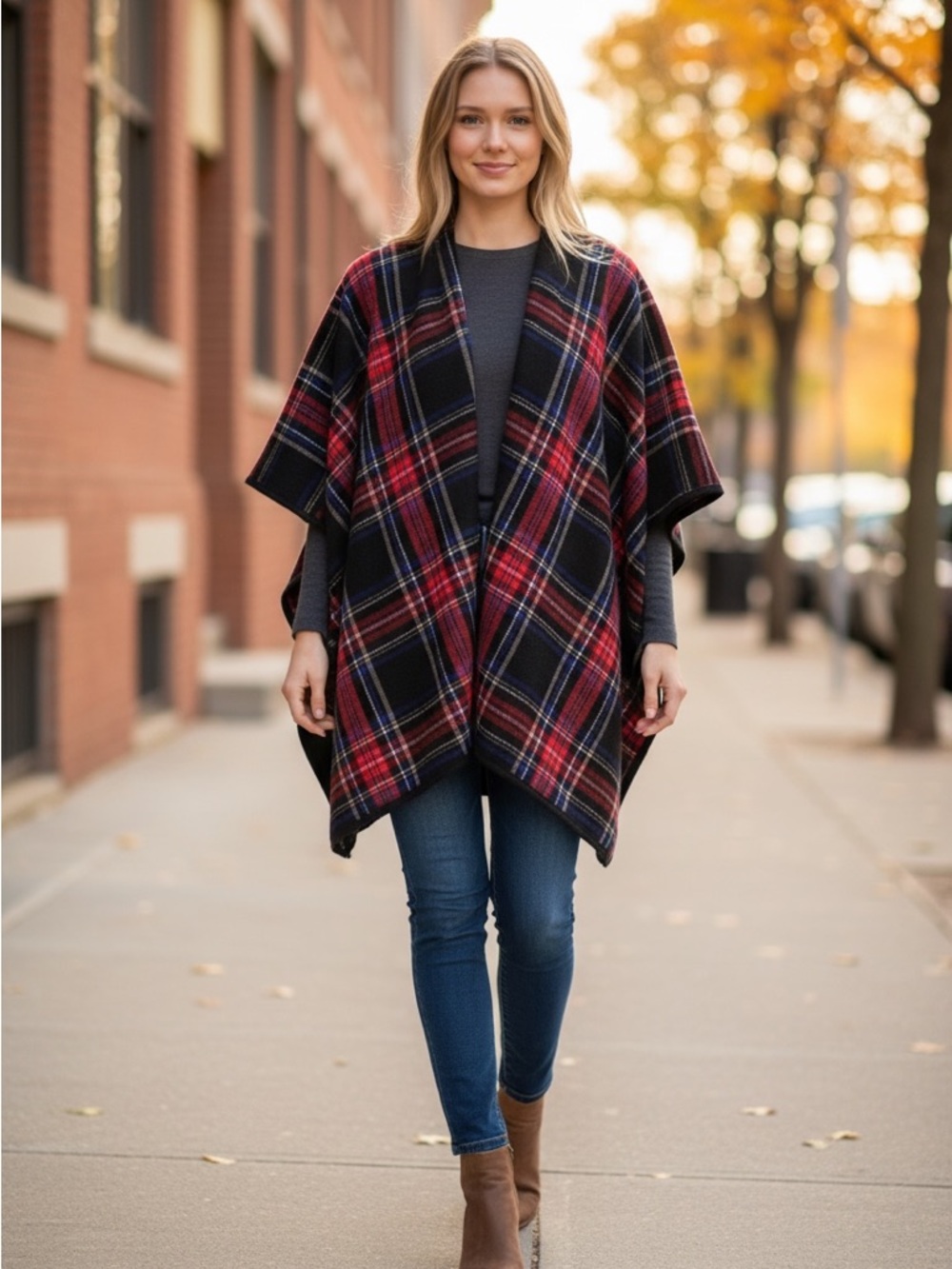 Cozy Fall Plaid Collegiate Poncho NWT